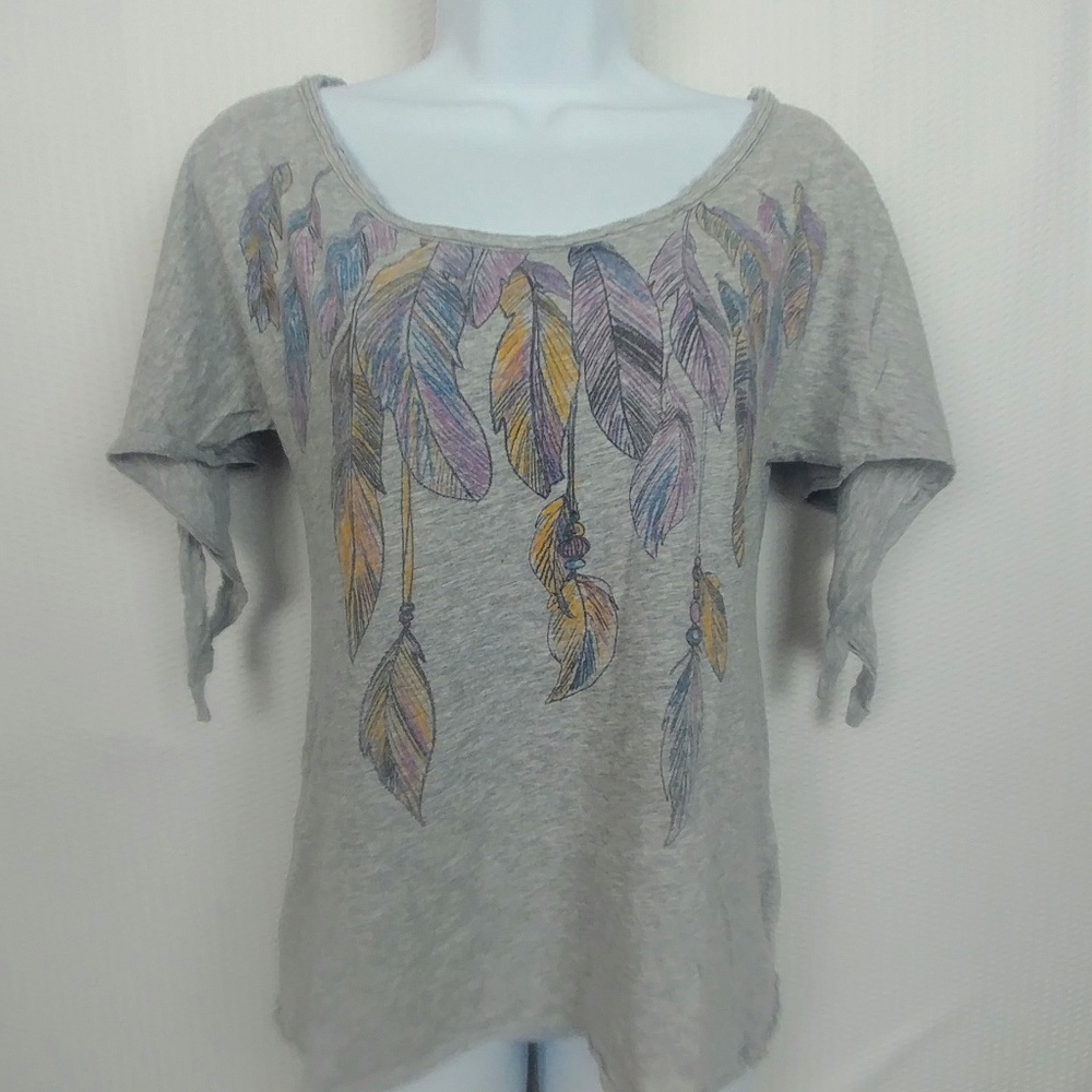 Canyon River Blues Boho Feather Top w/ Tie Sleeves